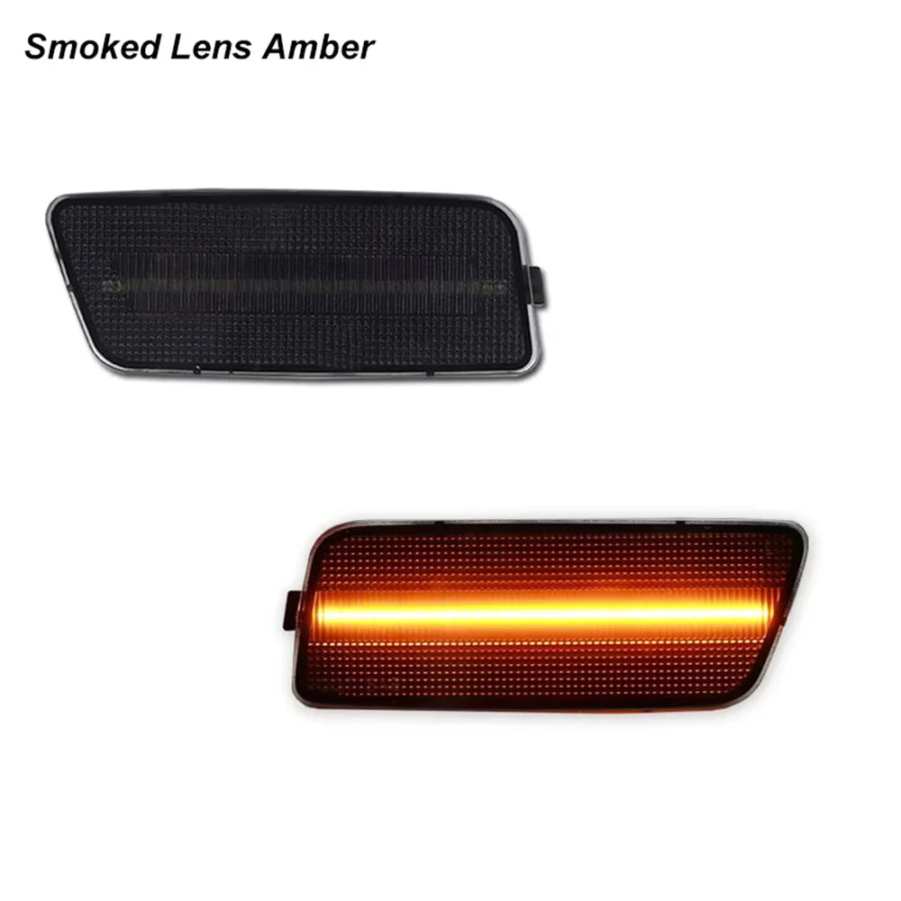 A pair of smoked amber LED front side marker lights for a Volkswagen MK6 GTI.