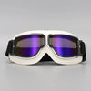 White retro foldable motorcycle goggles with dark purple tinted lenses and black strap