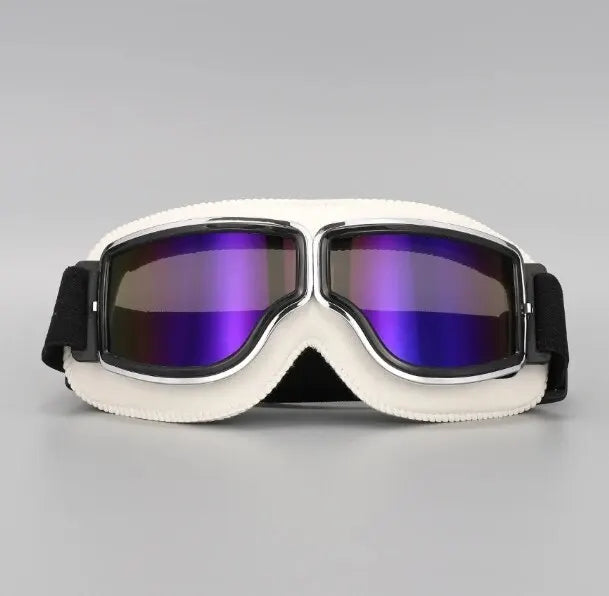White retro foldable motorcycle goggles with dark purple tinted lenses and black strap