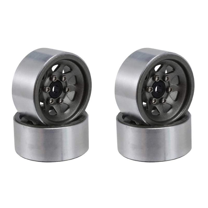 A set of two 1.0 steel beadlock wheels for 1/24 RC crawlers, shown in a silver metallic finish.