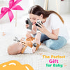 A woman gently plays with a baby using a soft rattle set featuring wrist and foot finders.