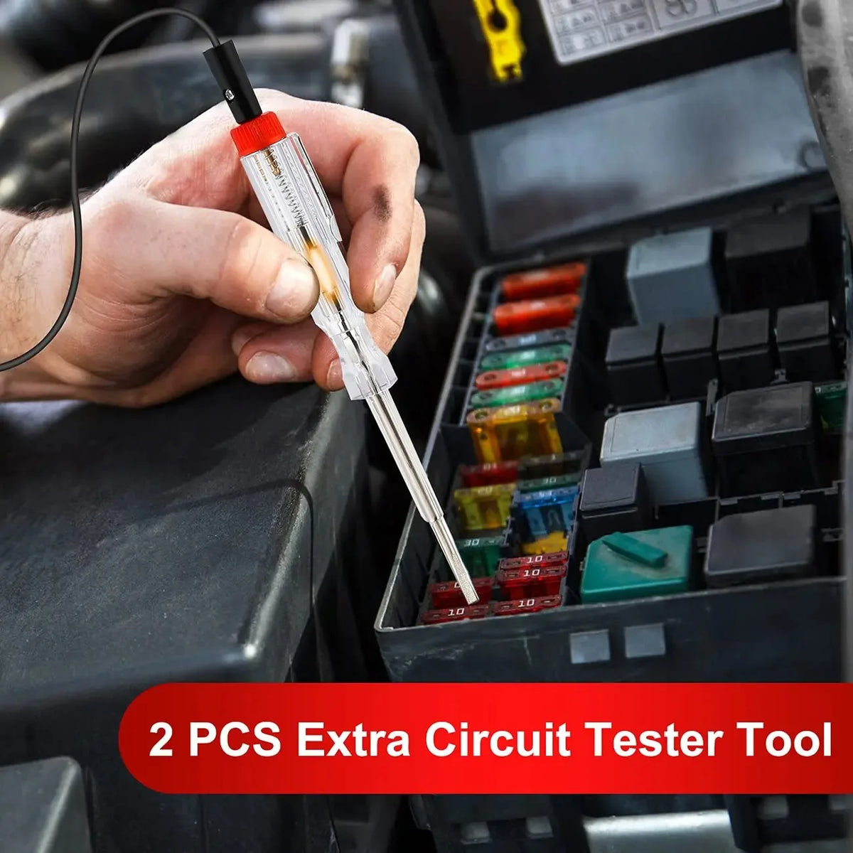 A hand is using a circuit tester tool to inspect components inside a storage case for car fuses.