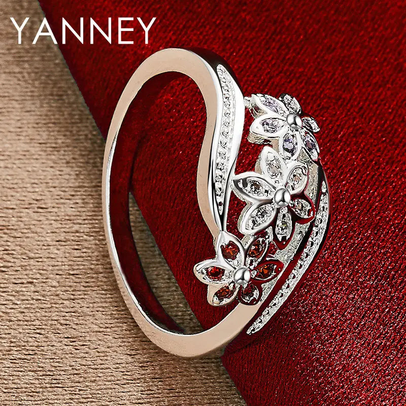 925 Sterling Silver Flower Ring with Zircon Stone