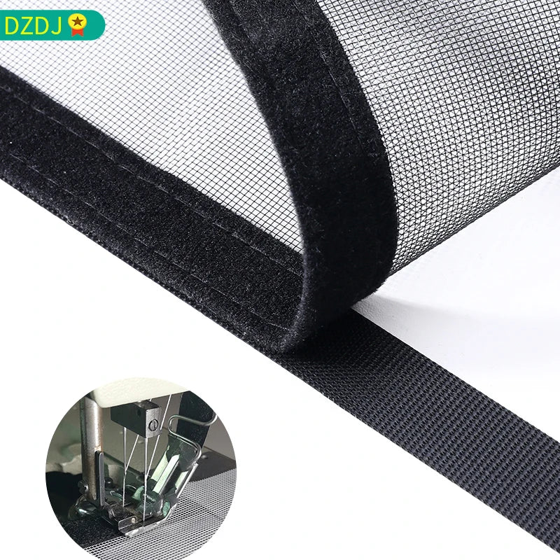 Close-up view of a black self-adhesive mosquito net window screen with a zipper detail.
