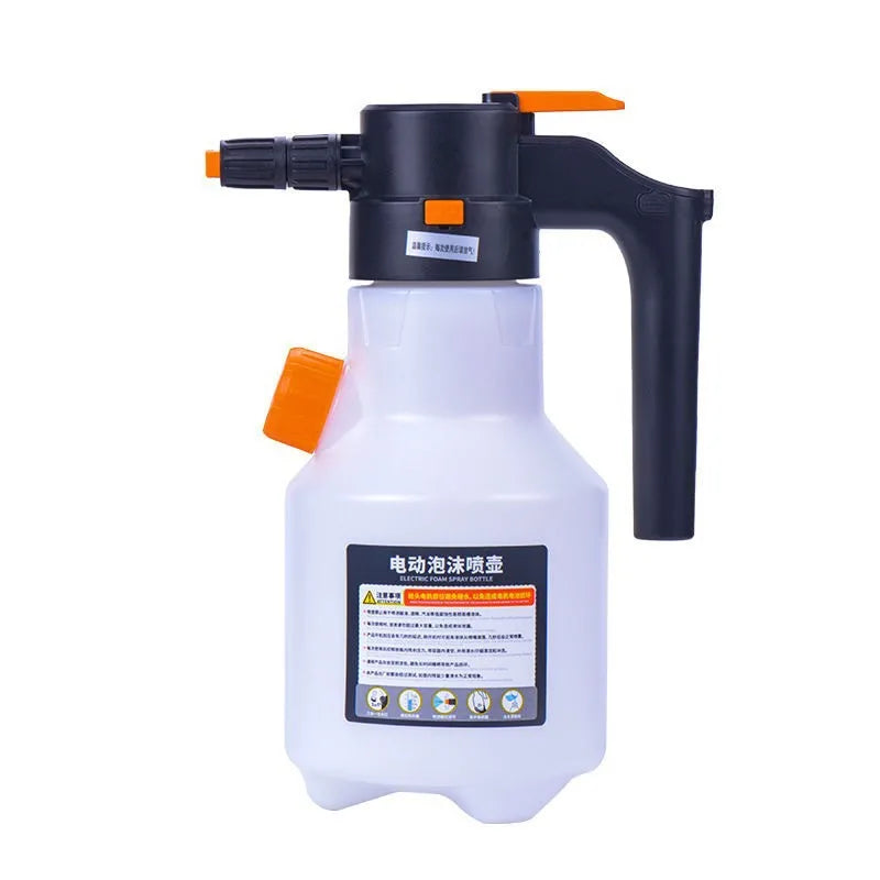 A black electric foam sprayer bottle with an orange trigger and white body for car washing and home cleaning.