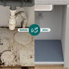 Before and after comparison of a flexible silicone sink protector mat installation.