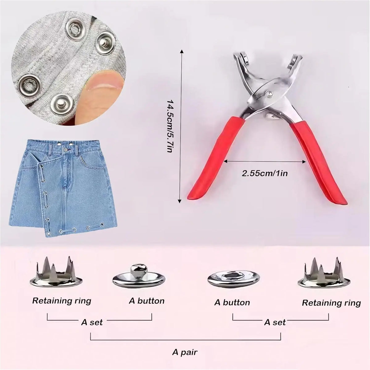A set of snap fasteners, including a pliers press tool and various retaining rings and buttons.