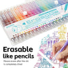 A set of erasable gel pens with various colors and tips shown in a plastic case.
