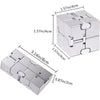 Silver metal infinity fidget cube shown from the top and side views with dimensions.