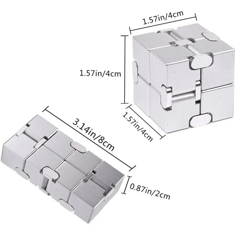 Silver metal infinity fidget cube shown from the top and side views with dimensions.