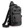 A dark gray multifunctional chest bag with black straps and orange accents.
