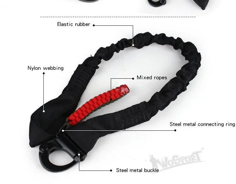 Black tactical rifle sling featuring nylon webbing, elastic rubber, mixed ropes, and a steel metal connecting ring and buckle