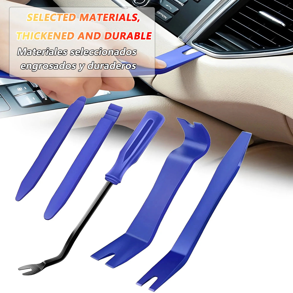 A set of blue plastic car trim removal tools for interior panel and dashboard disassembly.