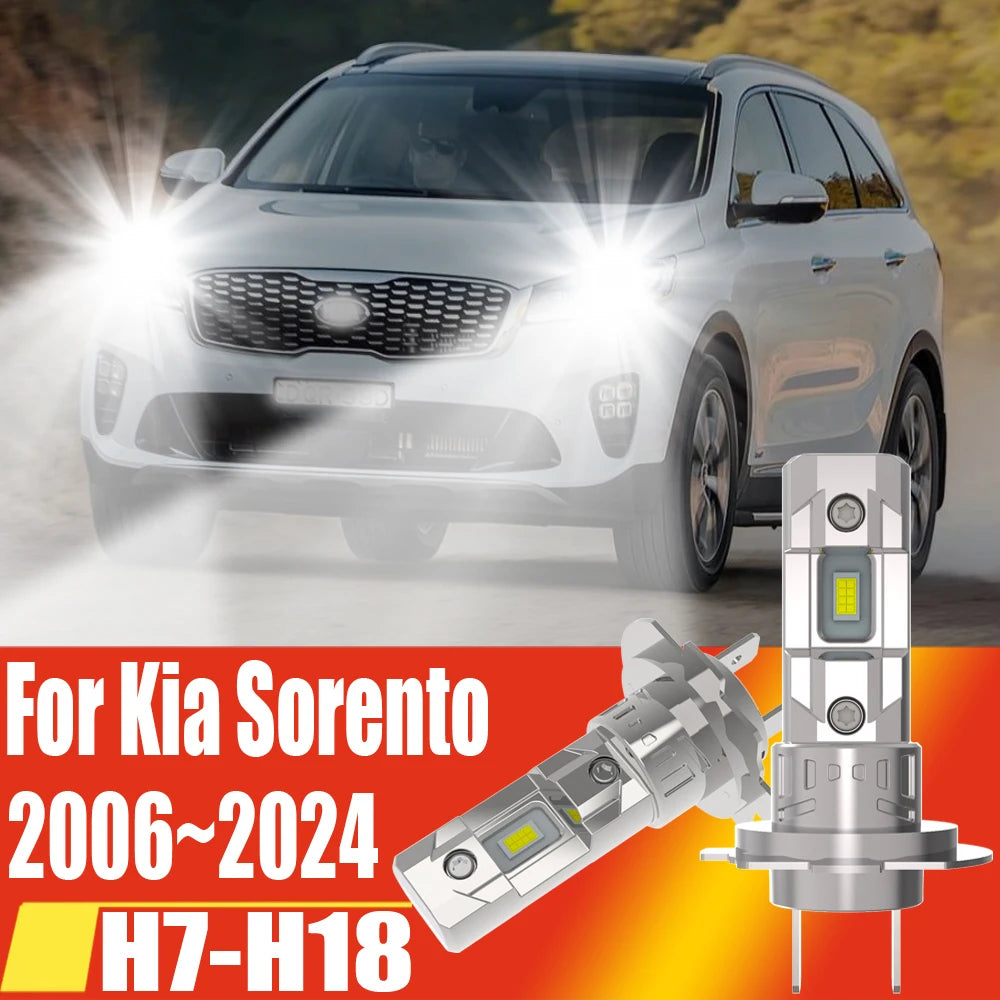 A pair of H7 LED headlight bulbs for a Kia Sorento vehicle shown next to the product packaging.