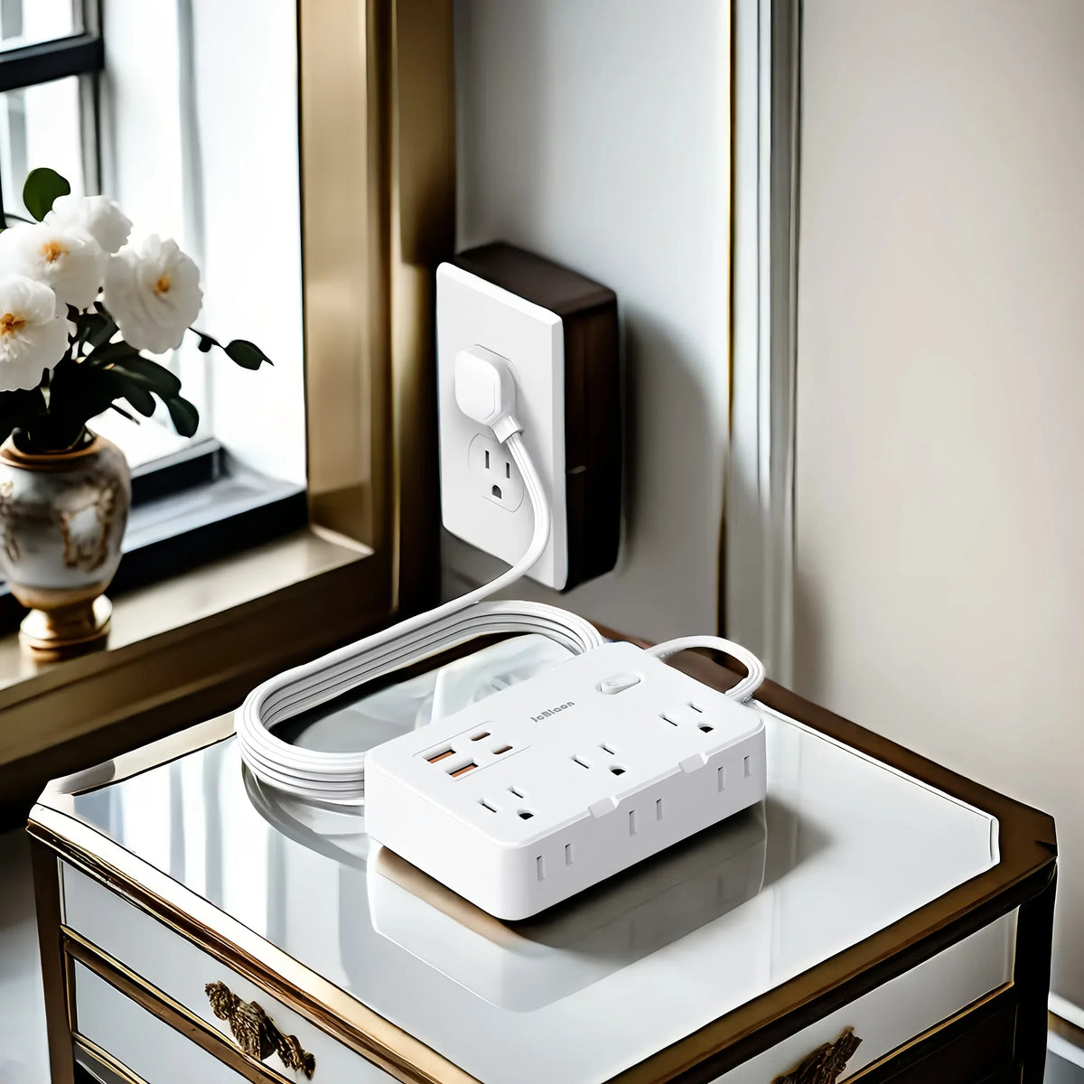 A white ultra-thin power strip with six outlets and four USB ports is placed on a glass cabinet top next to a wall outlet.