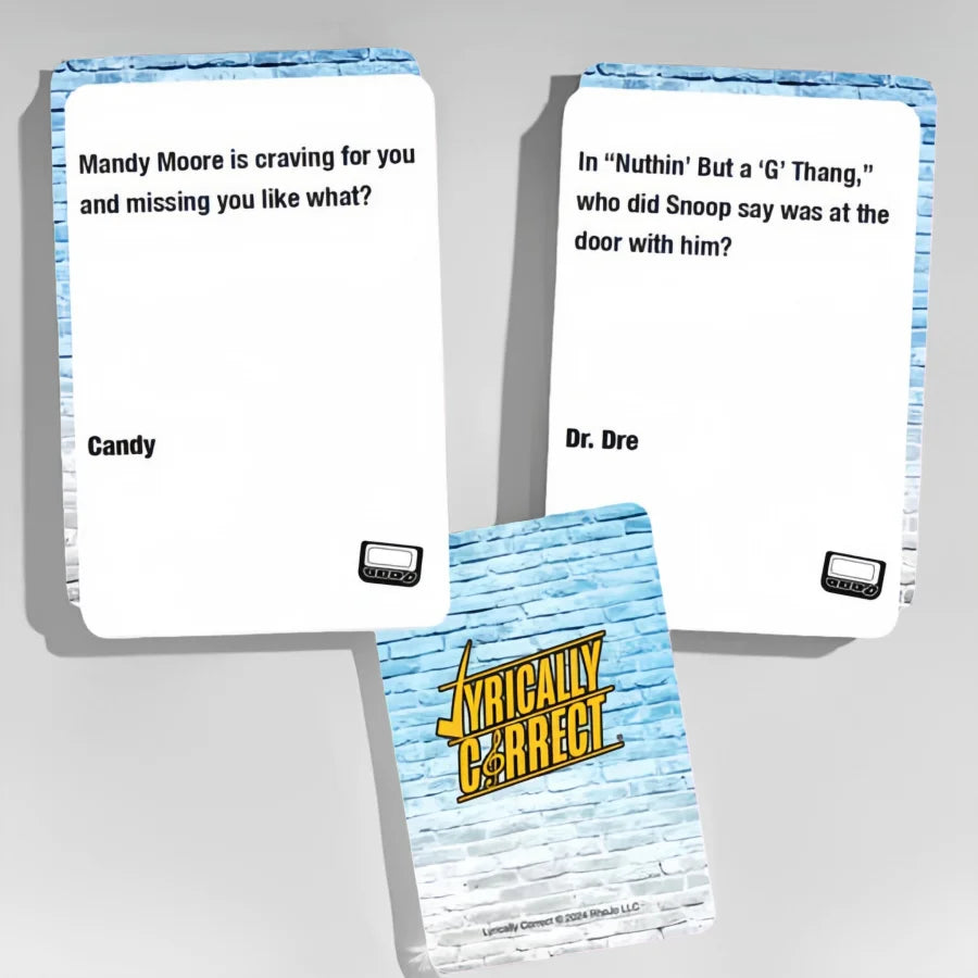 Three lyric challenge cards featuring questions from a show are displayed against a light gray background.