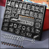 A black metal wire puzzle brain teaser set with various wire shapes and a separate wire tool.