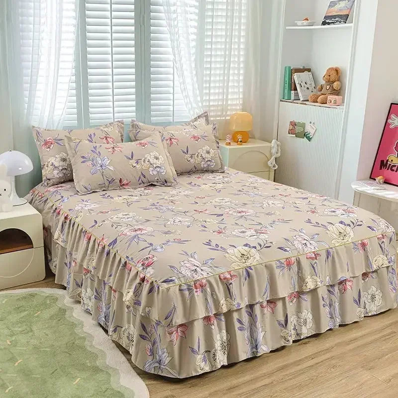 Floral Bed Skirt Set with Anti-Slip Mattress Cover