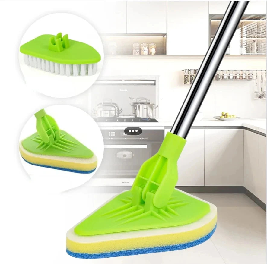 A bright lime green retractable triangular floor brush with a yellow sponge head is shown in a kitchen context.