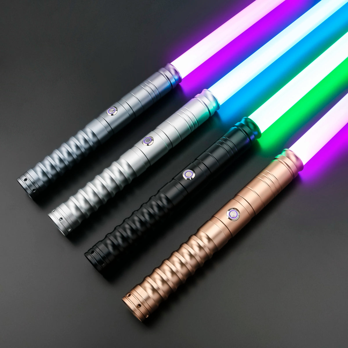 An RGB heavy dueling lightsaber with a metal hilt, showing vibrant blue, green, and purple light beams.