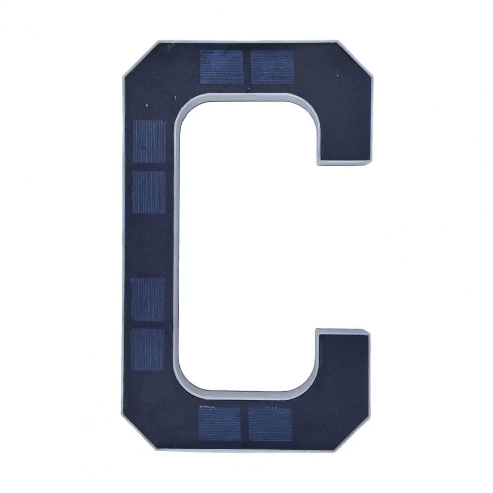 A black solar-powered LED house number sign shaped like the letter C.