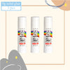 Three white glue sticks for crafting and office use are displayed against a light background.