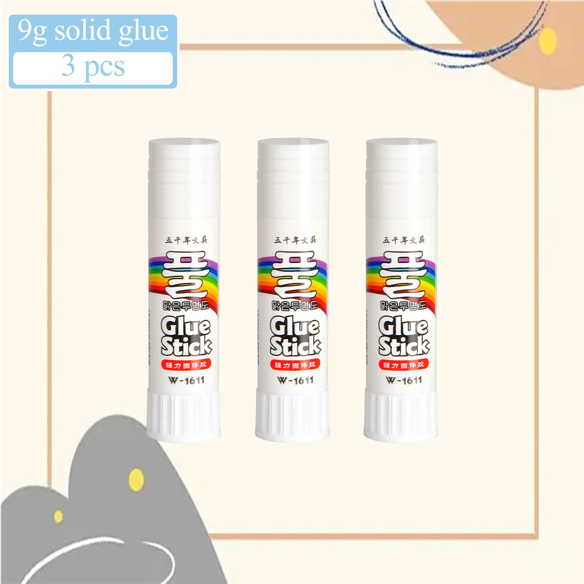 Three white glue sticks for crafting and office use are displayed against a light background.
