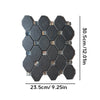 Black hexagonal mosaic wall tiles with metallic accents, measuring 30.5cm by 23.5cm.