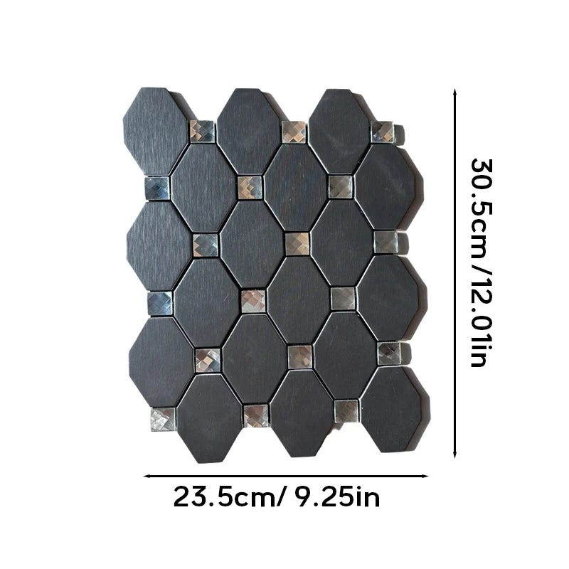 Black hexagonal mosaic wall tiles with metallic accents, measuring 30.5cm by 23.5cm.