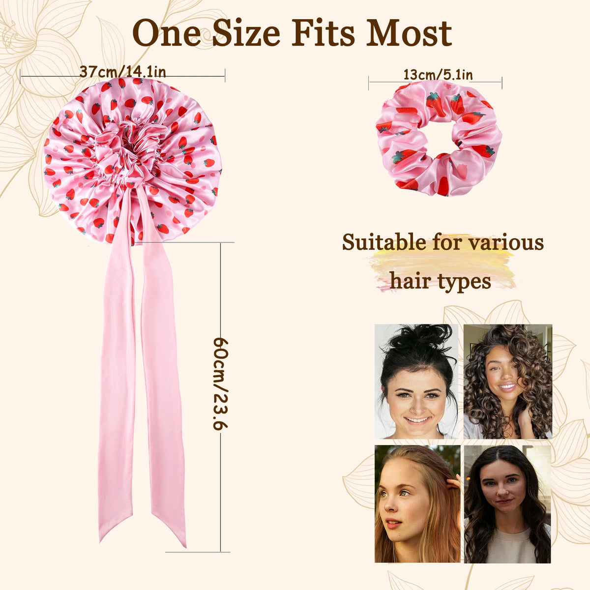 Pink silk satin sleep bonnet with adjustable straps shown next to various hair types