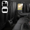 Black privacy curtains and shades installed on a car window, with icons showing the divider mechanism.