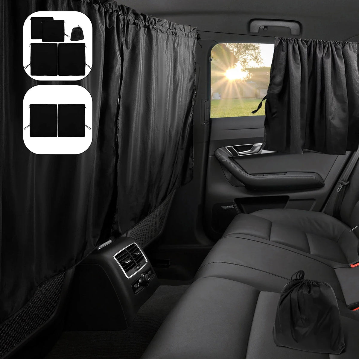 Black privacy curtains and shades installed on a car window, with icons showing the divider mechanism.
