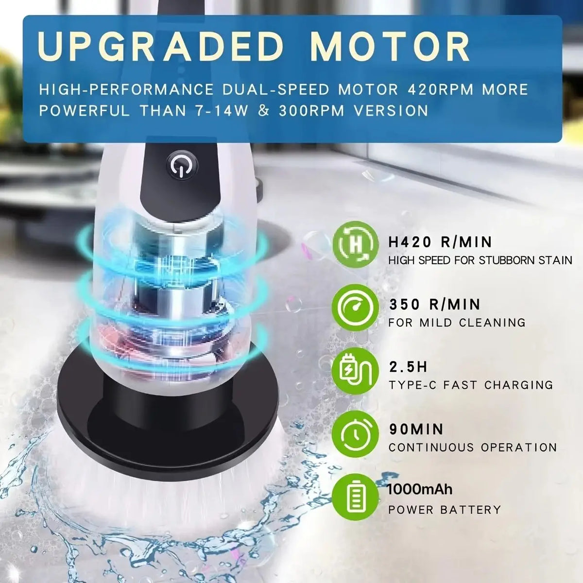 A close-up of an upgraded dual-speed motor electric cleaning brush with a rotating head and battery visible in water.