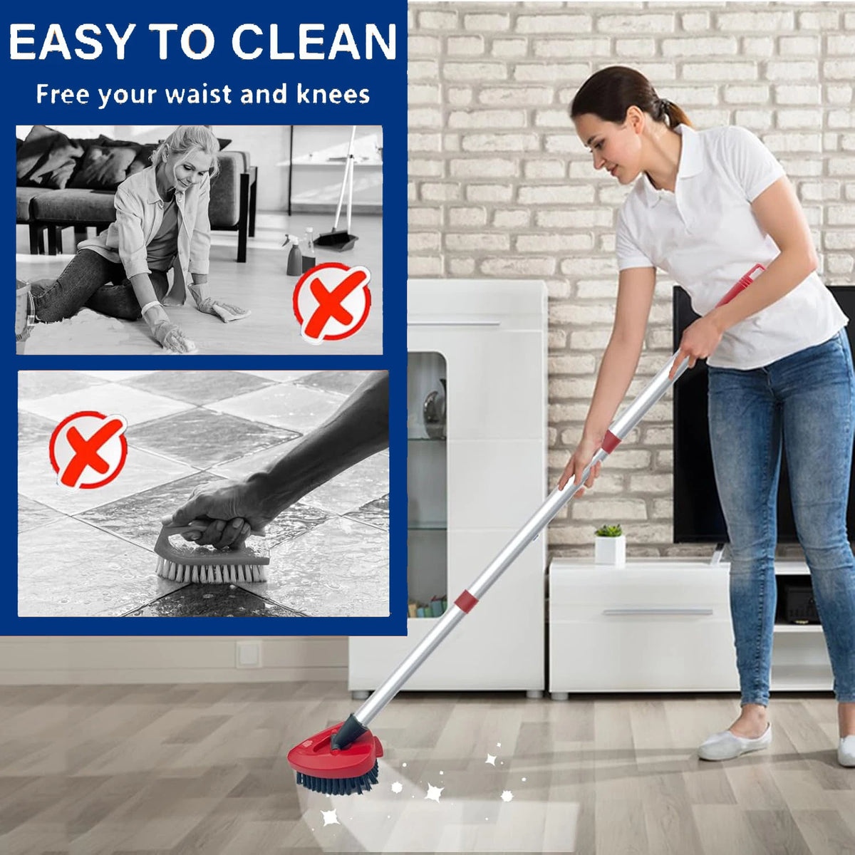 A woman is using a spin mop replacement scrub brush head on a floor with a long mop.