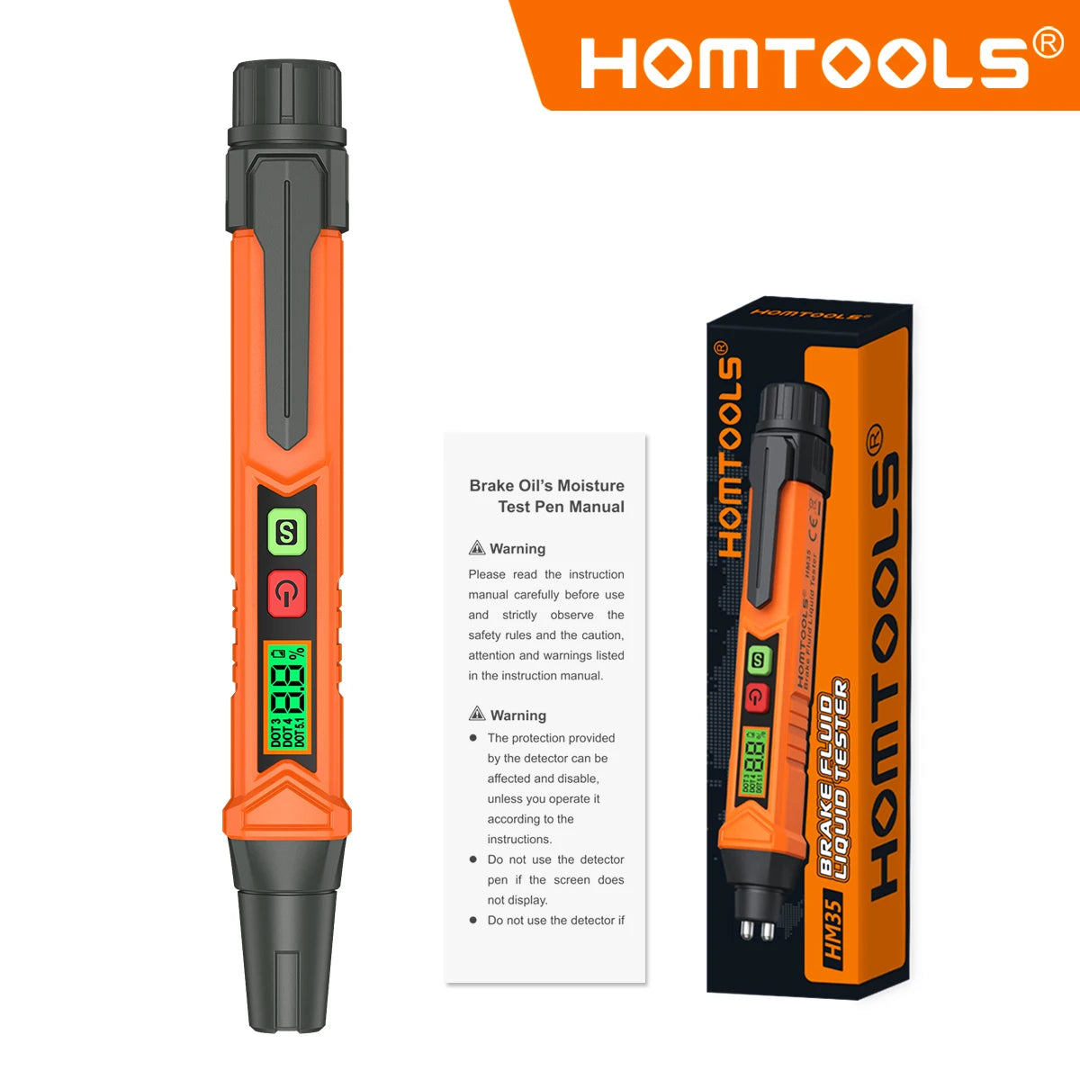 An orange digital brake fluid tester with a black cap and LCD display, shown next to its packaging.