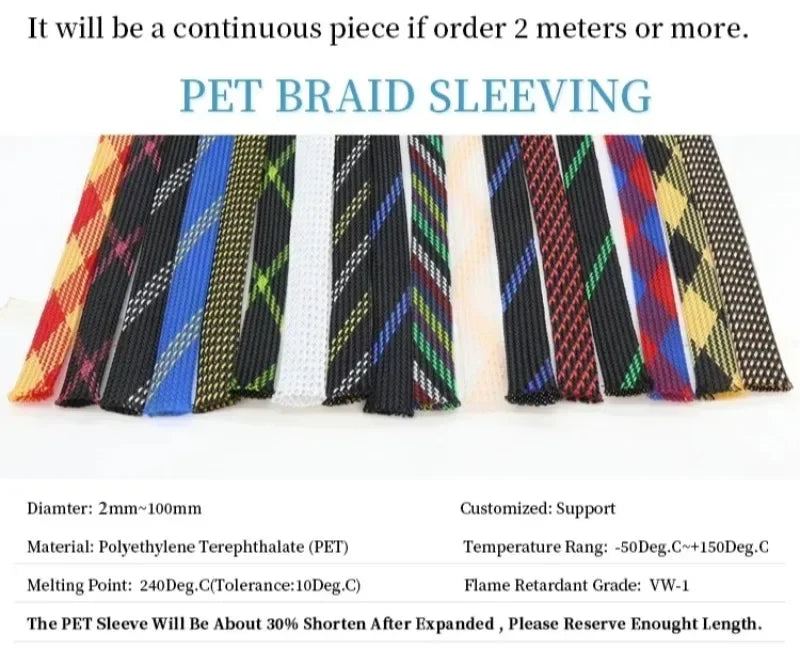 A collection of colorful PET braided sleeves for flexible wire protection, showing various colors and textures.