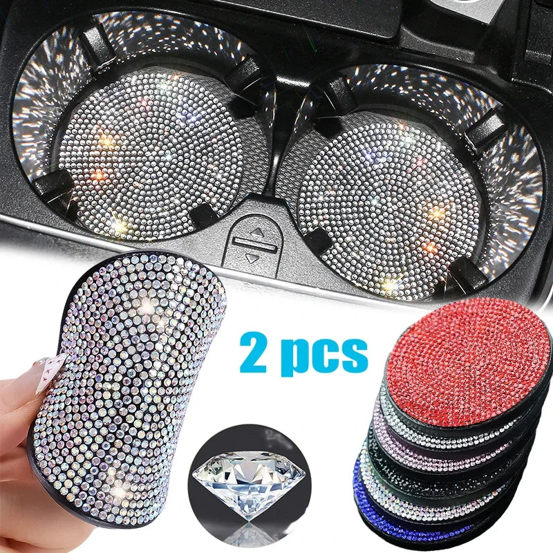 A set of two non-slip diamond car cup holder coasters featuring sparkling rhinestone designs.