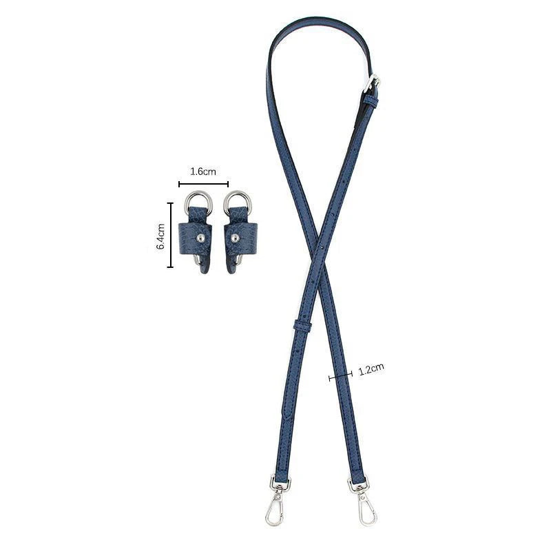 A dark blue leather shoulder strap with a D-ring and adjustable length is shown.