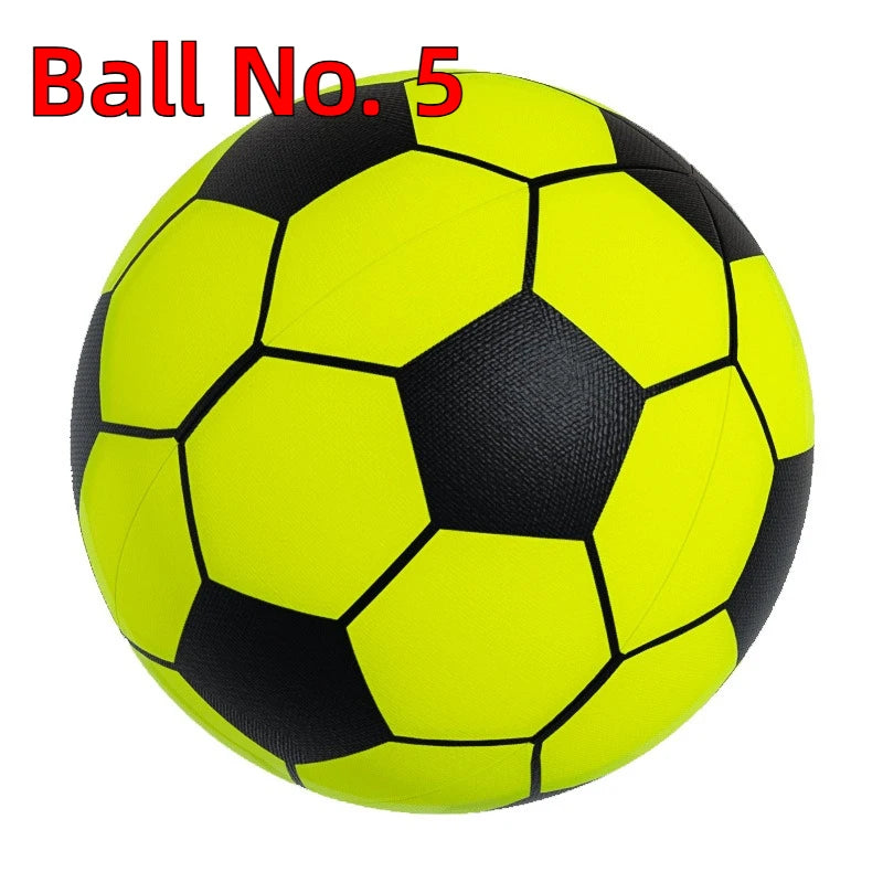 A bright yellow and black soccer ball, labeled Ball No. 5.