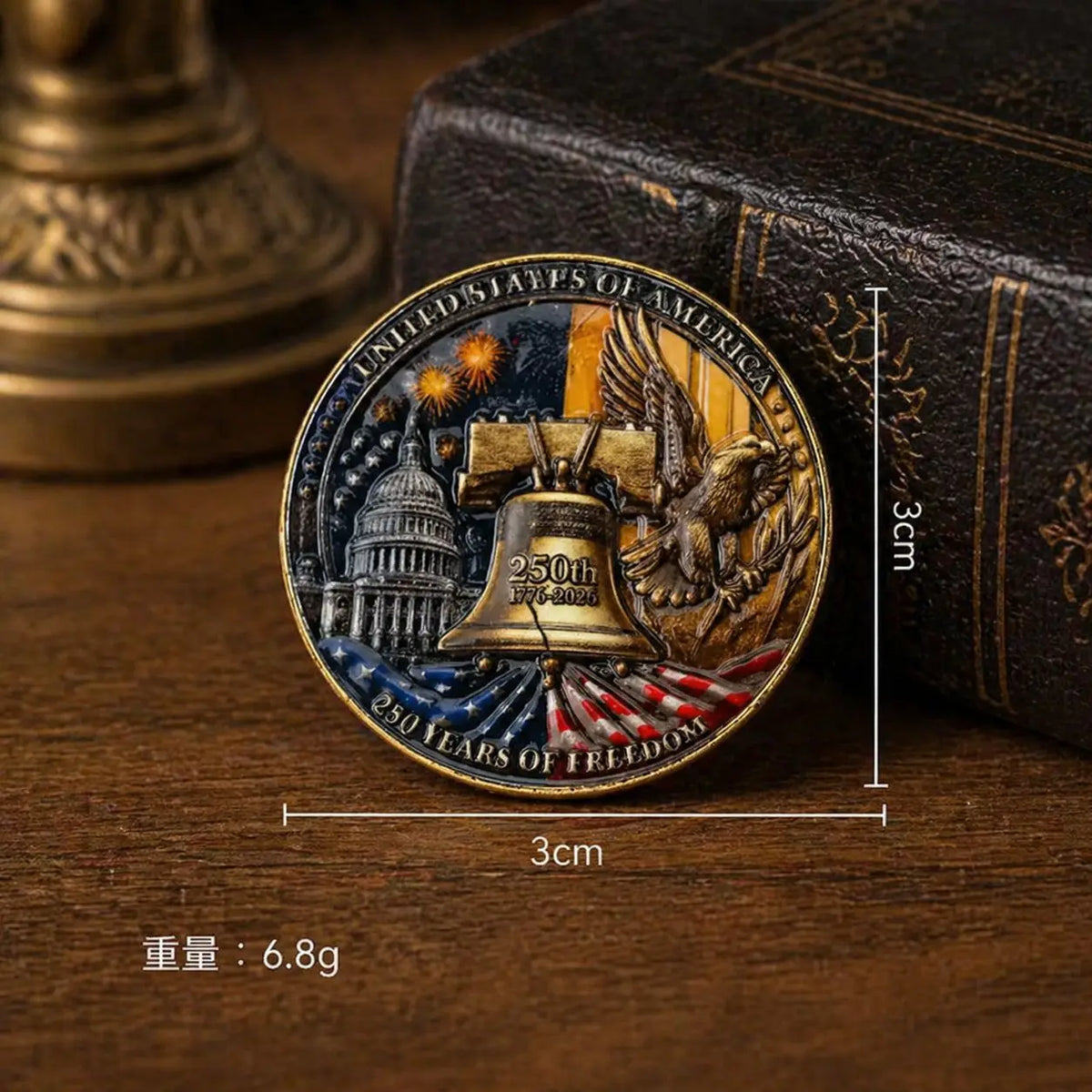 A round enamel pin featuring the Statue of Liberty and an American eagle, set against a patriotic background.