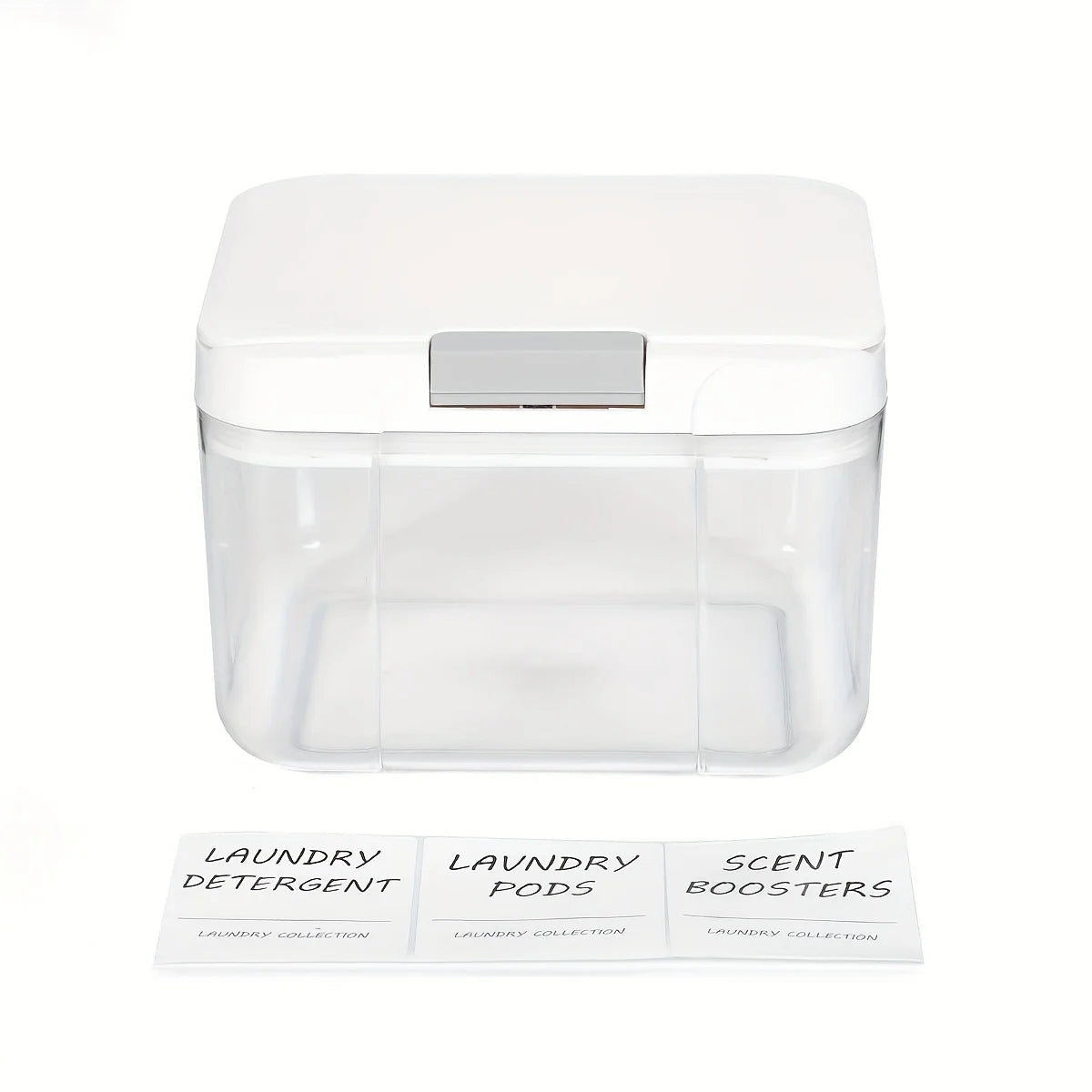 Clear plastic automatic pop-up laundry pod holder with a silver lid.
