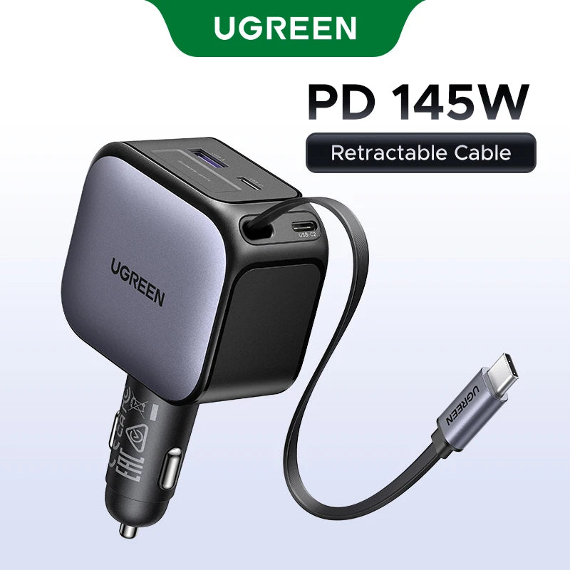 145W USB-C & USB-A Car Charger with Retractable Cable