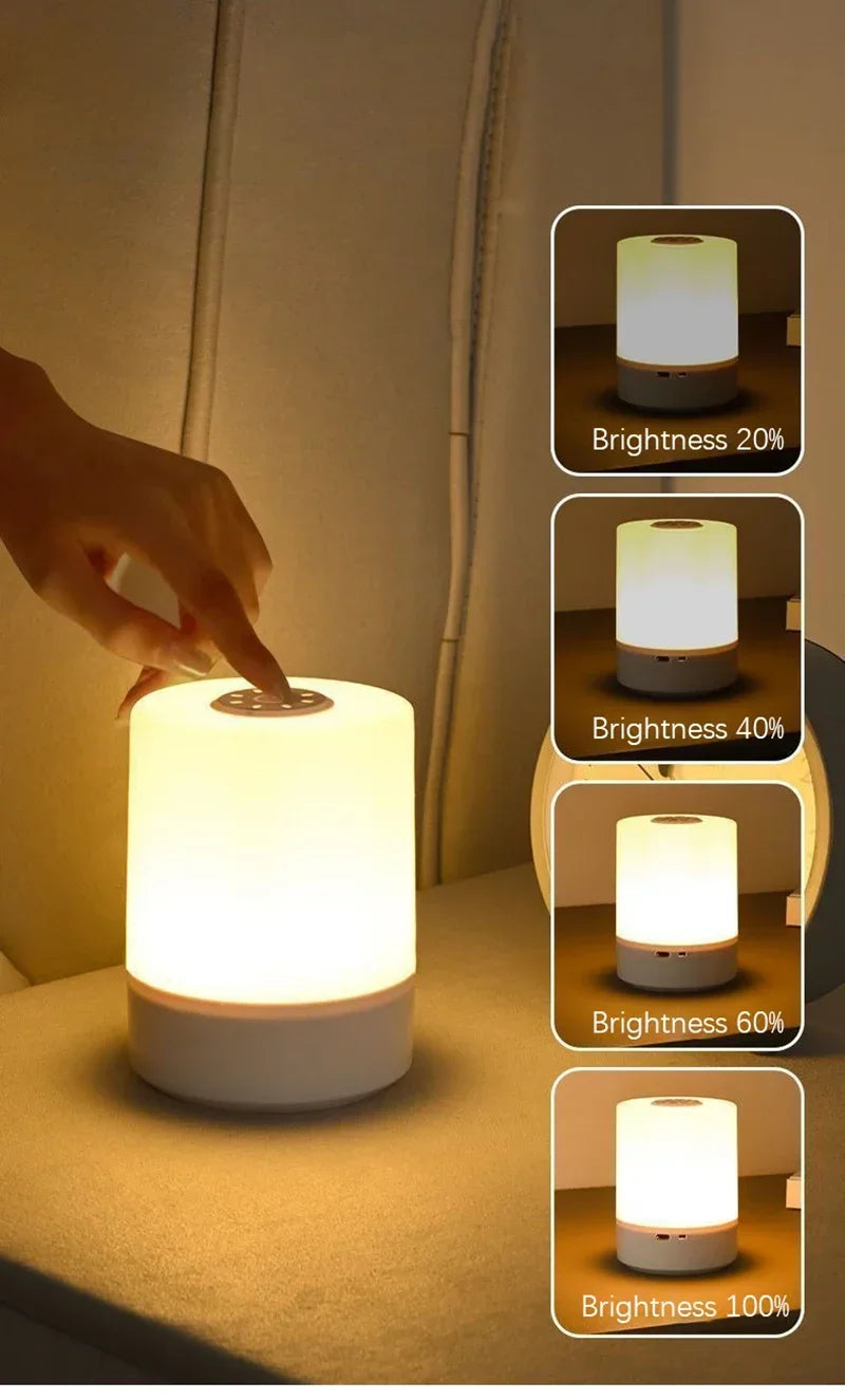 A hand is adjusting a Touch Dimmable LED table lamp, showing various brightness levels from 20% to 100%.
