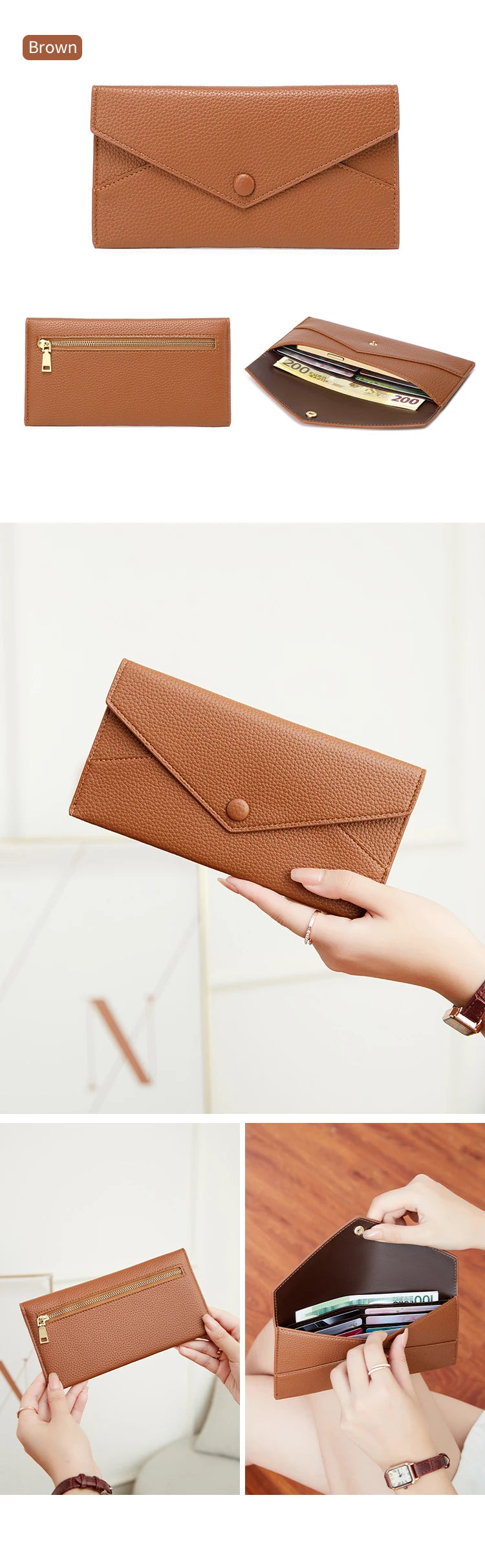 A brown slim RFID-blocking PU leather wallet shown in various views, including a folded form and being held by a hand.