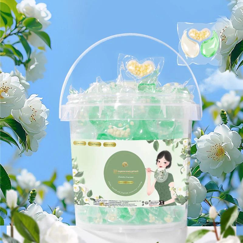 A clear container of 3-in-1 laundry pods with stain and odor removal, surrounded by white flowers.