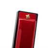 A red harmonica with a silver key is shown in a close-up view.