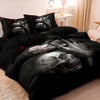 Black duvet cover set featuring a graphic design of sugar skulls and floral accents.