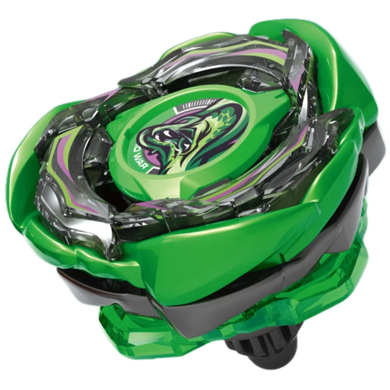 A green and silver precision metal spinning top with a purple accent, shown from above.