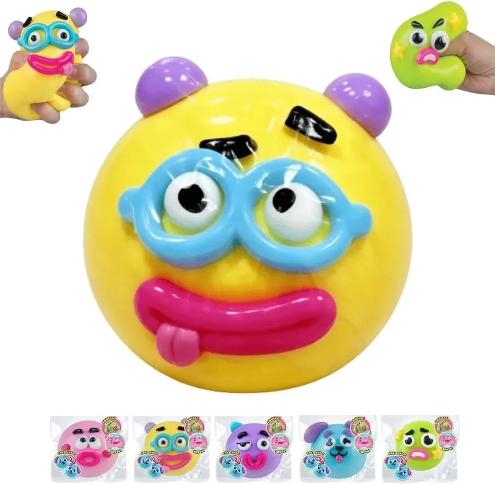 A collection of face-changing squishy toys featuring various expressive faces and colors.