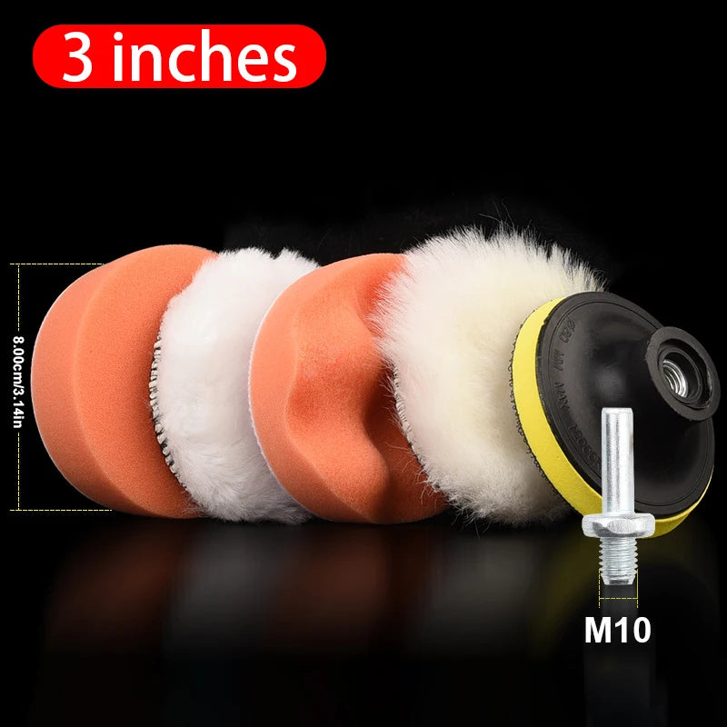 A set of six orange and white polishing sponge pads with a yellow mounting disc and an M10 screw.